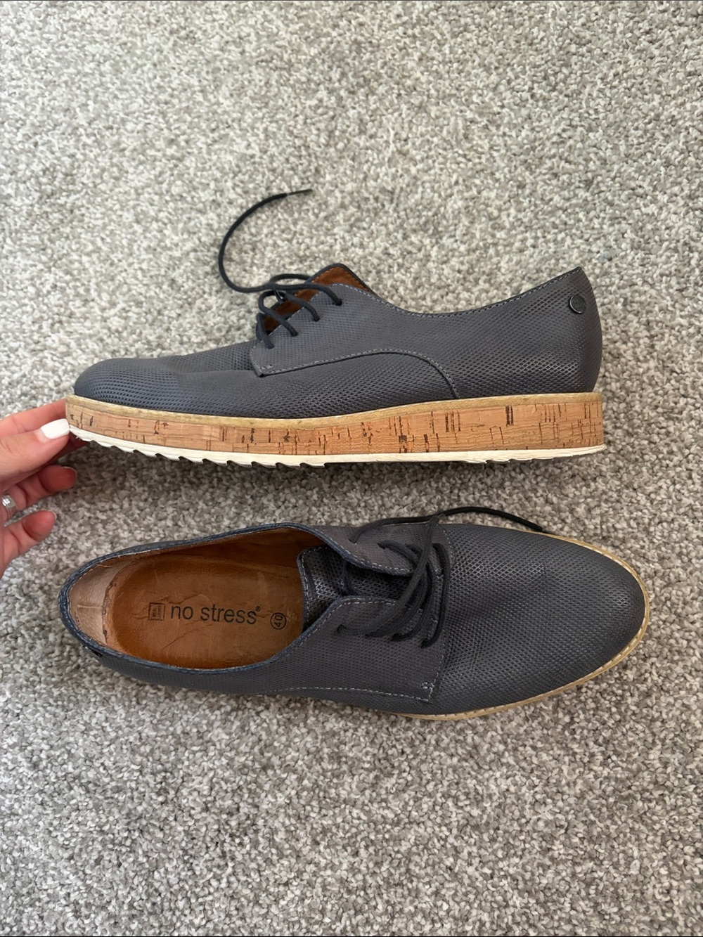 No Stress Women's Blue/Gray Perforated Lace-Up Loafers with Cork Platform